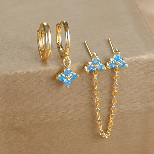 Olivia - Flower Piercing Earrings in Gold and Blue